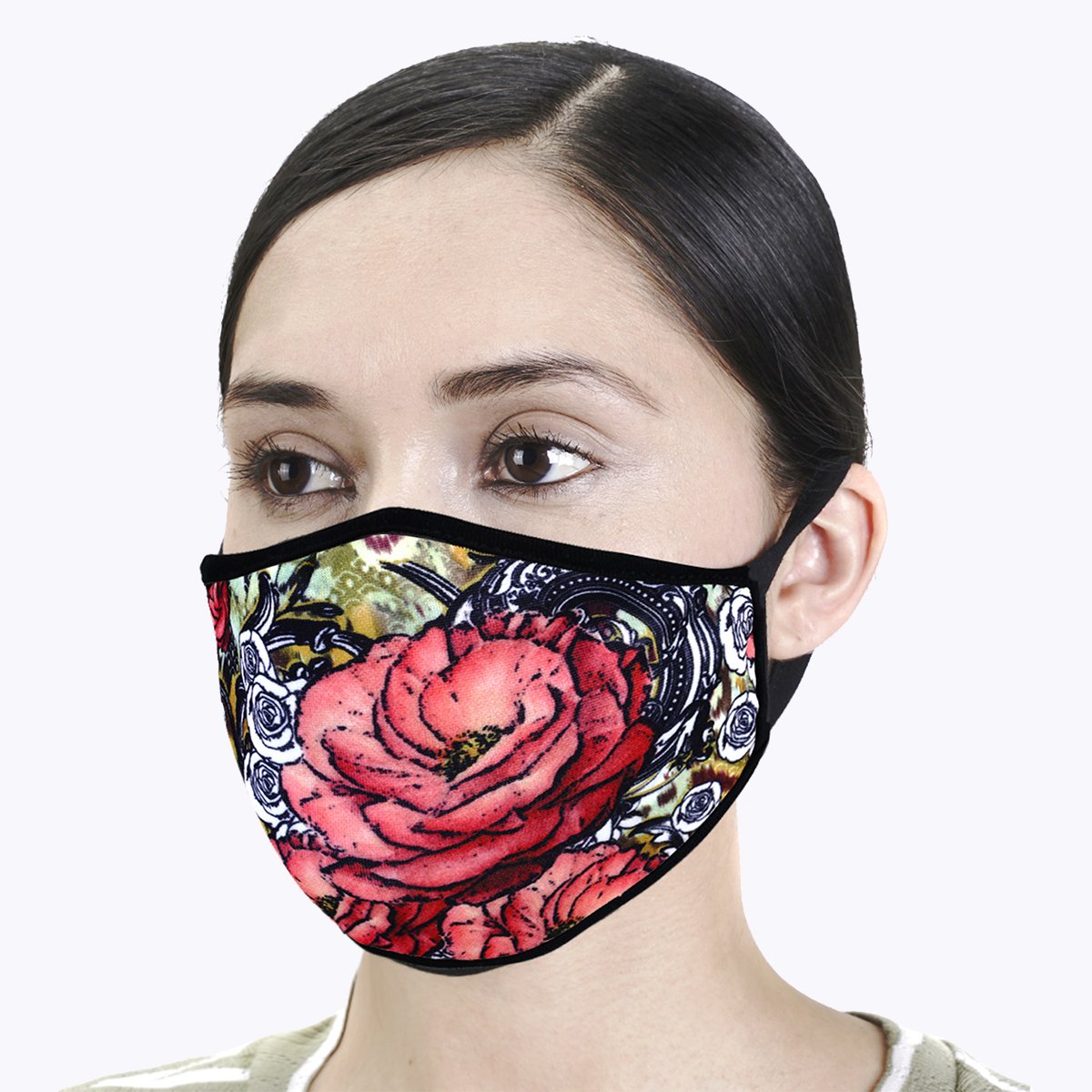 Multi Red Flower 3-Layered Face Cover featuring a vibrant floral design, made from polyester and cotton, suitable for unisex wear.