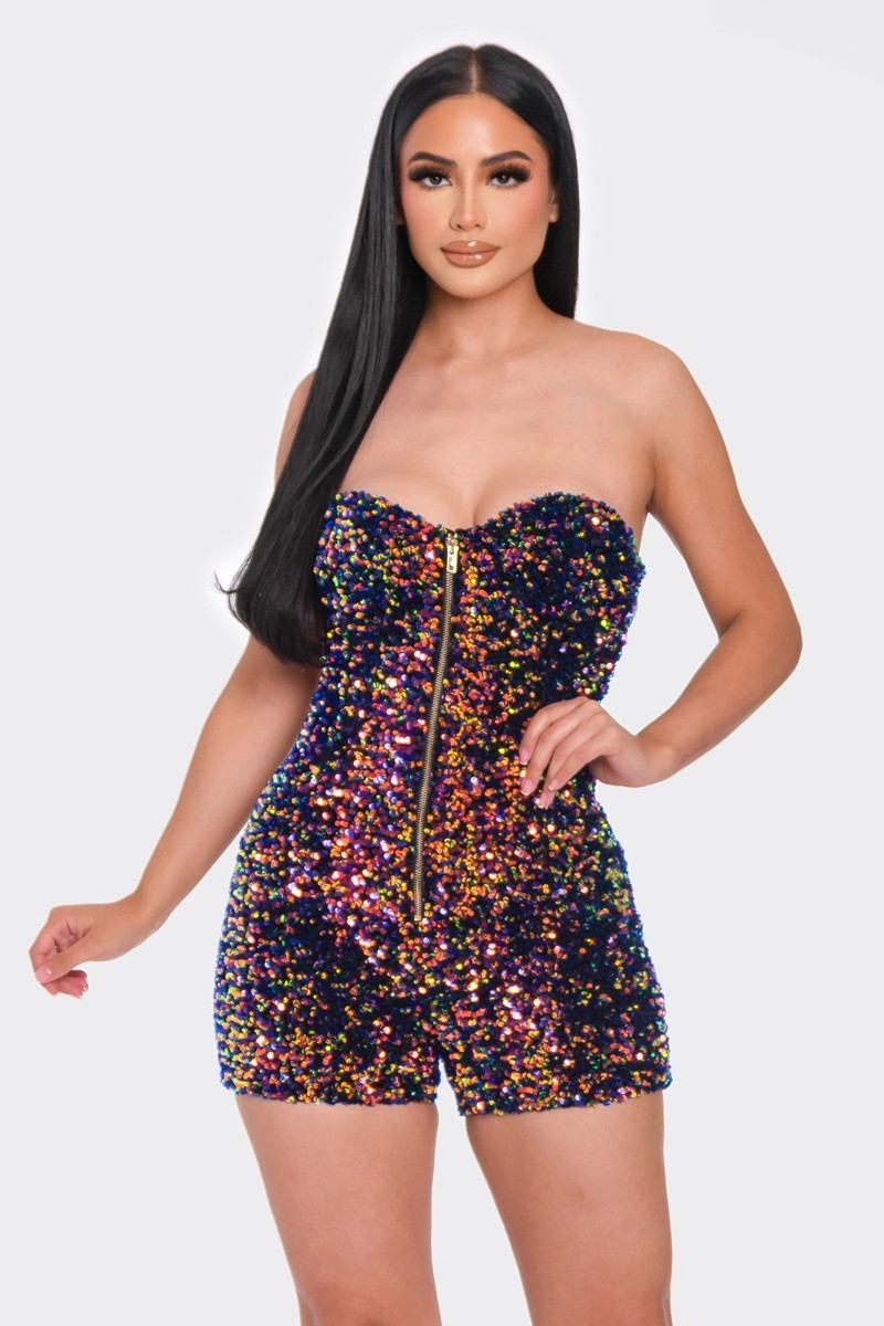 A stylish Multi Sequins Tube Top Romper featuring a strapless design, gold zipper front, and illusion neckline, perfect for glamorous occasions.