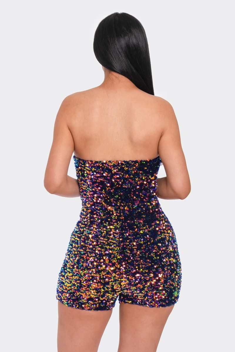 A stylish Multi Sequins Tube Top Romper featuring a strapless design, gold zipper front, and illusion neckline, perfect for glamorous occasions.