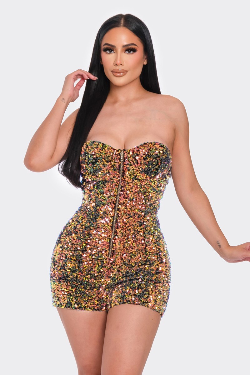 A stylish Multi Sequins Tube Top Romper featuring a strapless design, gold zipper front, and shimmering sequins, perfect for parties.