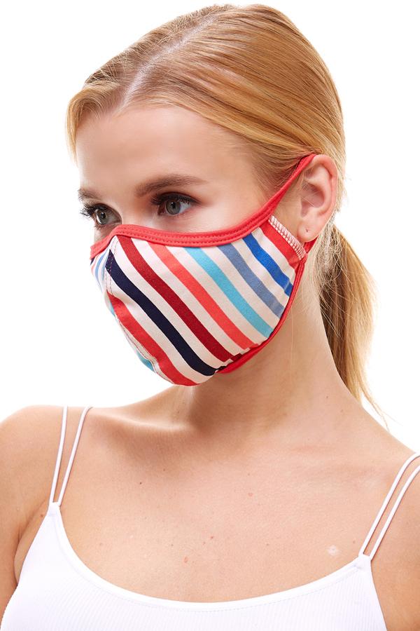 Multi stripe fashion reusable fabric face masks with camouflage print, featuring stretchable ear loops for a secure fit.