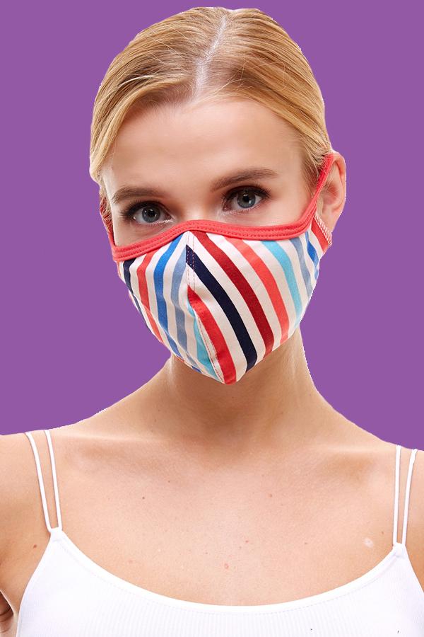 Multi stripe fashion reusable fabric face masks with camouflage print, featuring stretchable ear loops for a secure fit.