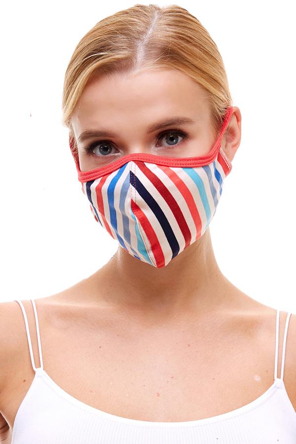 Multi stripe fashion reusable fabric face masks with camouflage print, featuring stretchable ear loops for a secure fit.