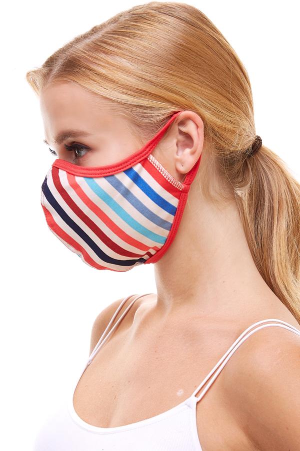 Multi stripe fashion reusable fabric face masks with camouflage print, featuring stretchable ear loops for a secure fit.