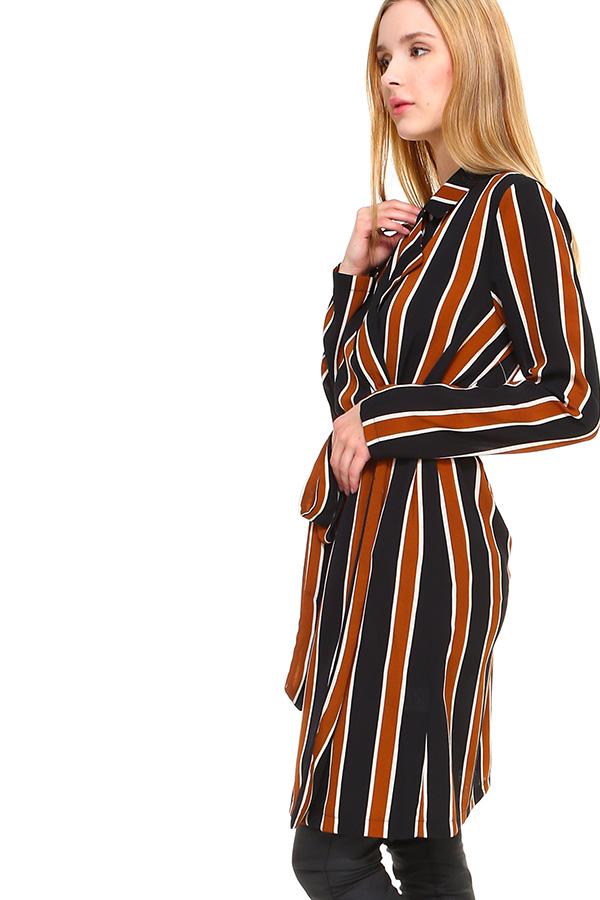 A stylish Multi Stripe Long Blazer featuring a contemporary striped pattern, made from 100% polyester, perfect for various occasions.