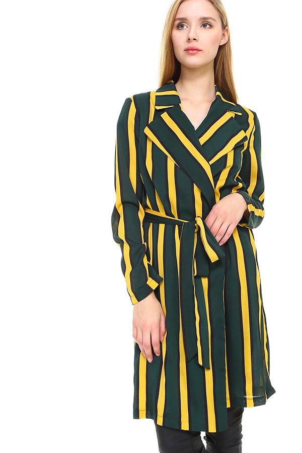 A stylish Multi Stripe Long Blazer featuring a contemporary striped pattern, made from 100% polyester, perfect for various occasions.