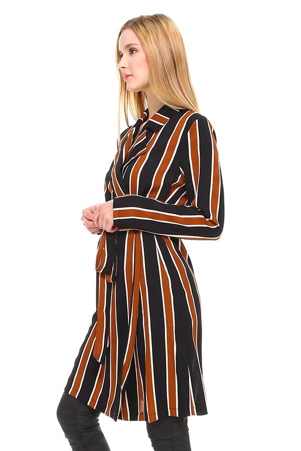 A stylish Multi Stripe Long Blazer featuring a contemporary striped pattern, made from 100% polyester, perfect for various occasions.