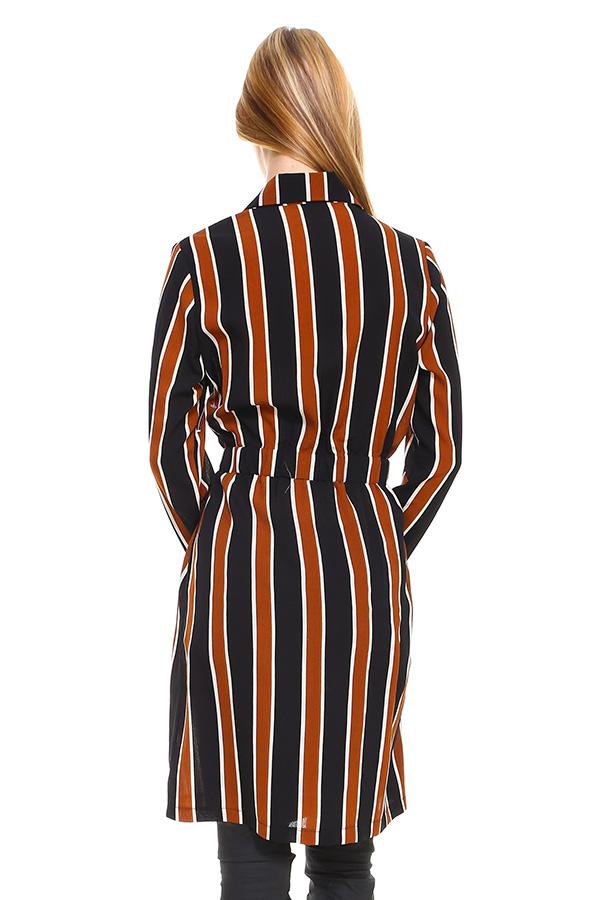 A stylish Multi Stripe Long Blazer featuring a contemporary striped pattern, made from 100% polyester, perfect for various occasions.