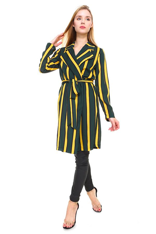 A stylish Multi Stripe Long Blazer featuring a contemporary striped pattern, made from 100% polyester, perfect for various occasions.