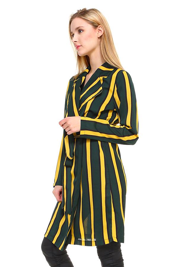 A stylish Multi Stripe Long Blazer featuring a contemporary striped pattern, made from 100% polyester, perfect for various occasions.