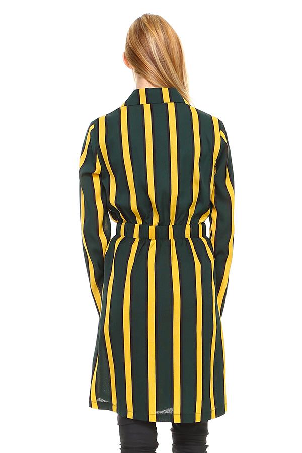 A stylish Multi Stripe Long Blazer featuring a contemporary striped pattern, made from 100% polyester, perfect for various occasions.