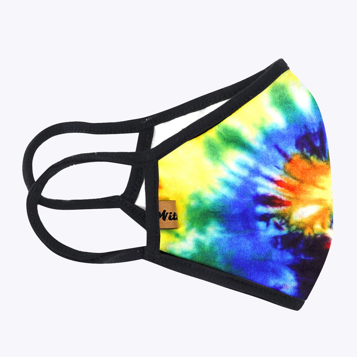 Multi Tie Dye 3-Layered Face Cover featuring a vibrant tie-dye pattern, made from polyester and cotton, designed for comfort and protection.