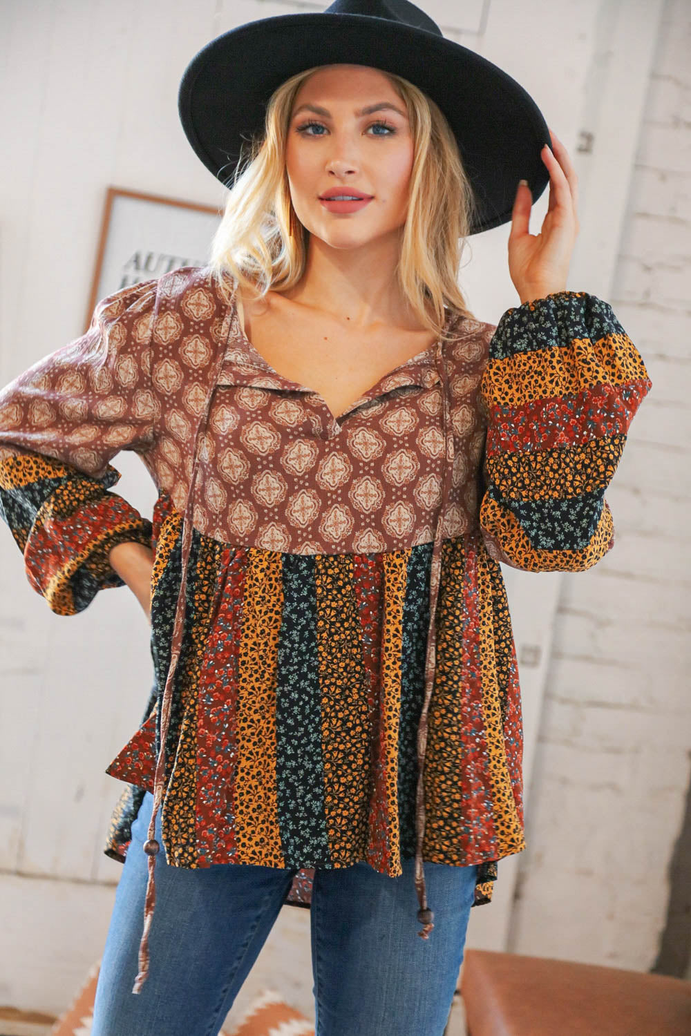 Multicolor Boho Rayon Crinkle Blouse with beaded tie and floral print, featuring long bubble sleeves.