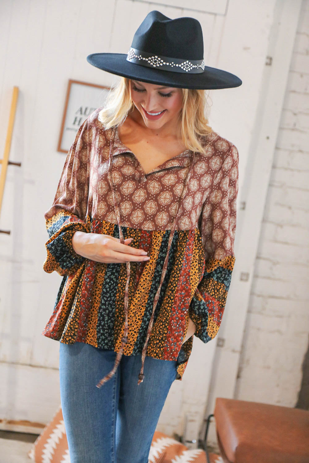 Multicolor Boho Rayon Crinkle Blouse with beaded tie and floral print, featuring long bubble sleeves.