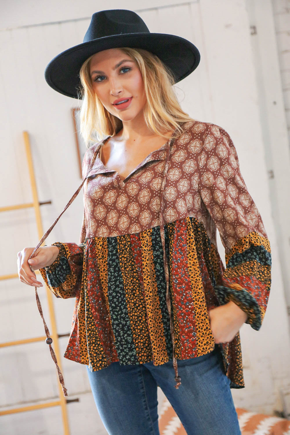 Multicolor Boho Rayon Crinkle Blouse with beaded tie and floral print, featuring long bubble sleeves.