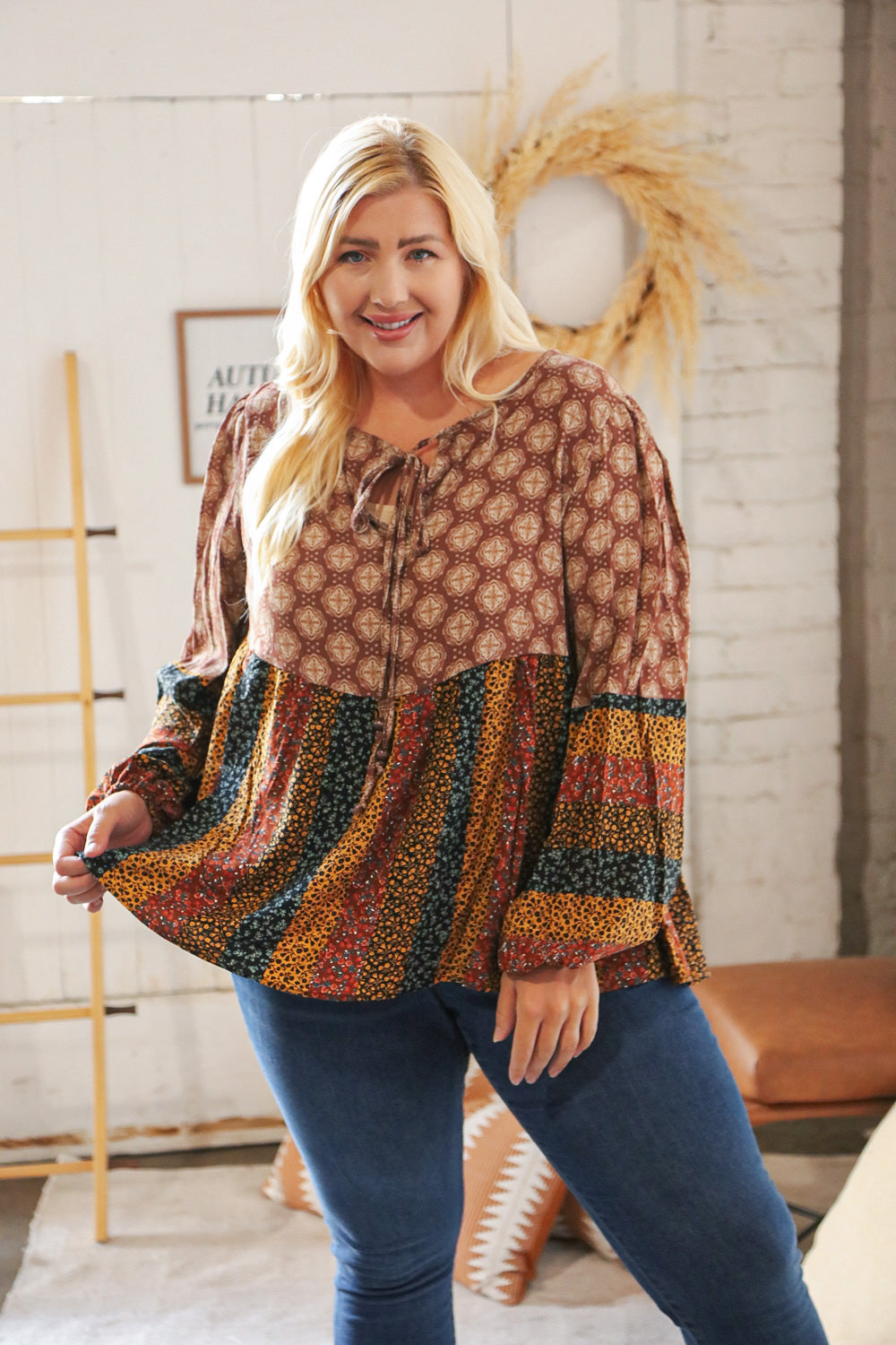 Multicolor Boho Rayon Crinkle Blouse with beaded tie and floral print, featuring long bubble sleeves.