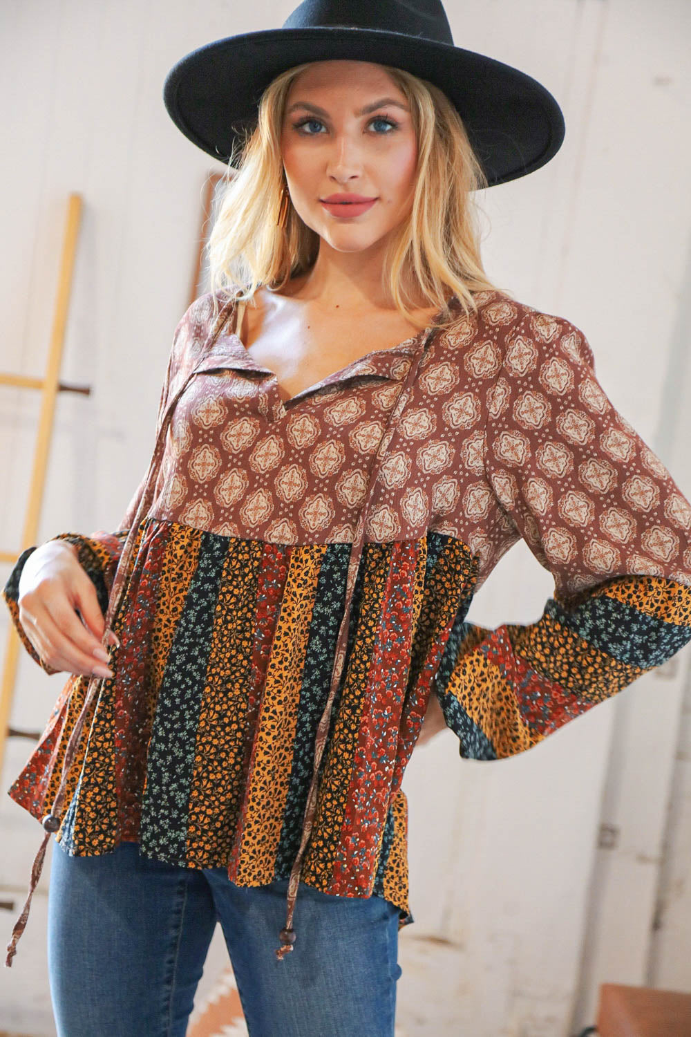 Multicolor Boho Rayon Crinkle Blouse with beaded tie and floral print, featuring long bubble sleeves.