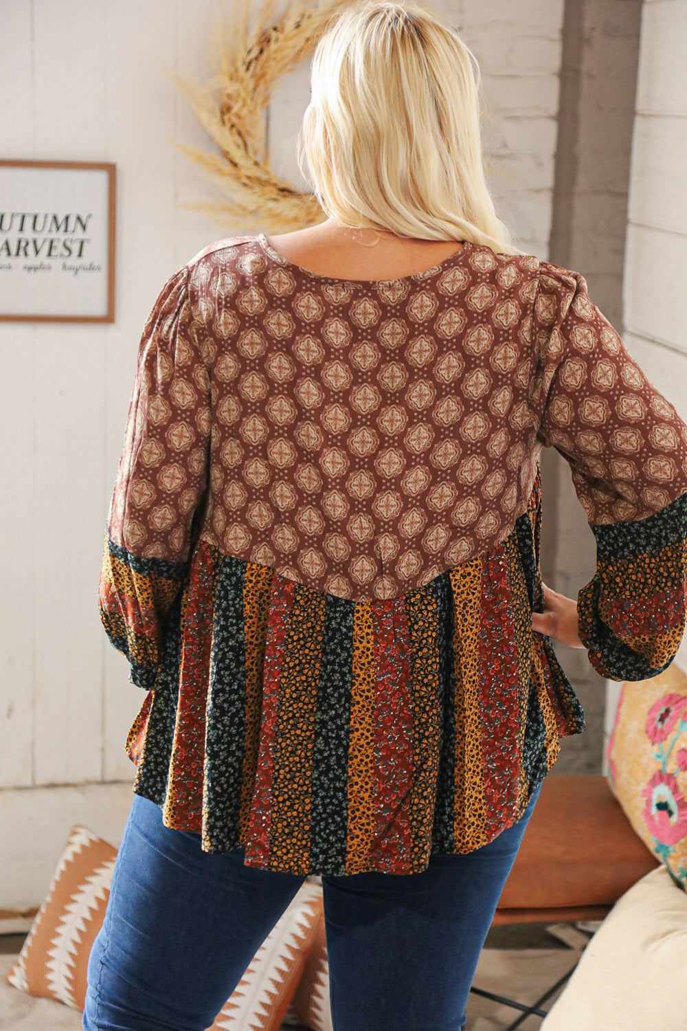 Multicolor Boho Rayon Crinkle Blouse with beaded tie and floral print, featuring long bubble sleeves.