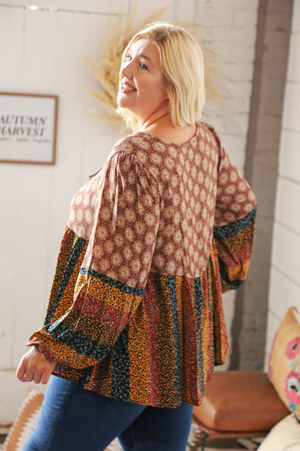 Multicolor Boho Rayon Crinkle Blouse with beaded tie and floral print, featuring long bubble sleeves.