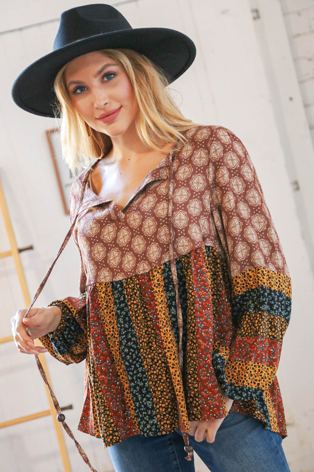 Multicolor Boho Rayon Crinkle Blouse with beaded tie and floral print, featuring long bubble sleeves.