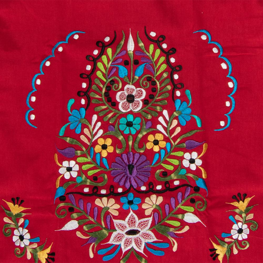 A vibrant Multi-Color Embroidery Mexican Dress featuring intricate floral designs, showcasing the craftsmanship of artisans from Puebla, Mexico.