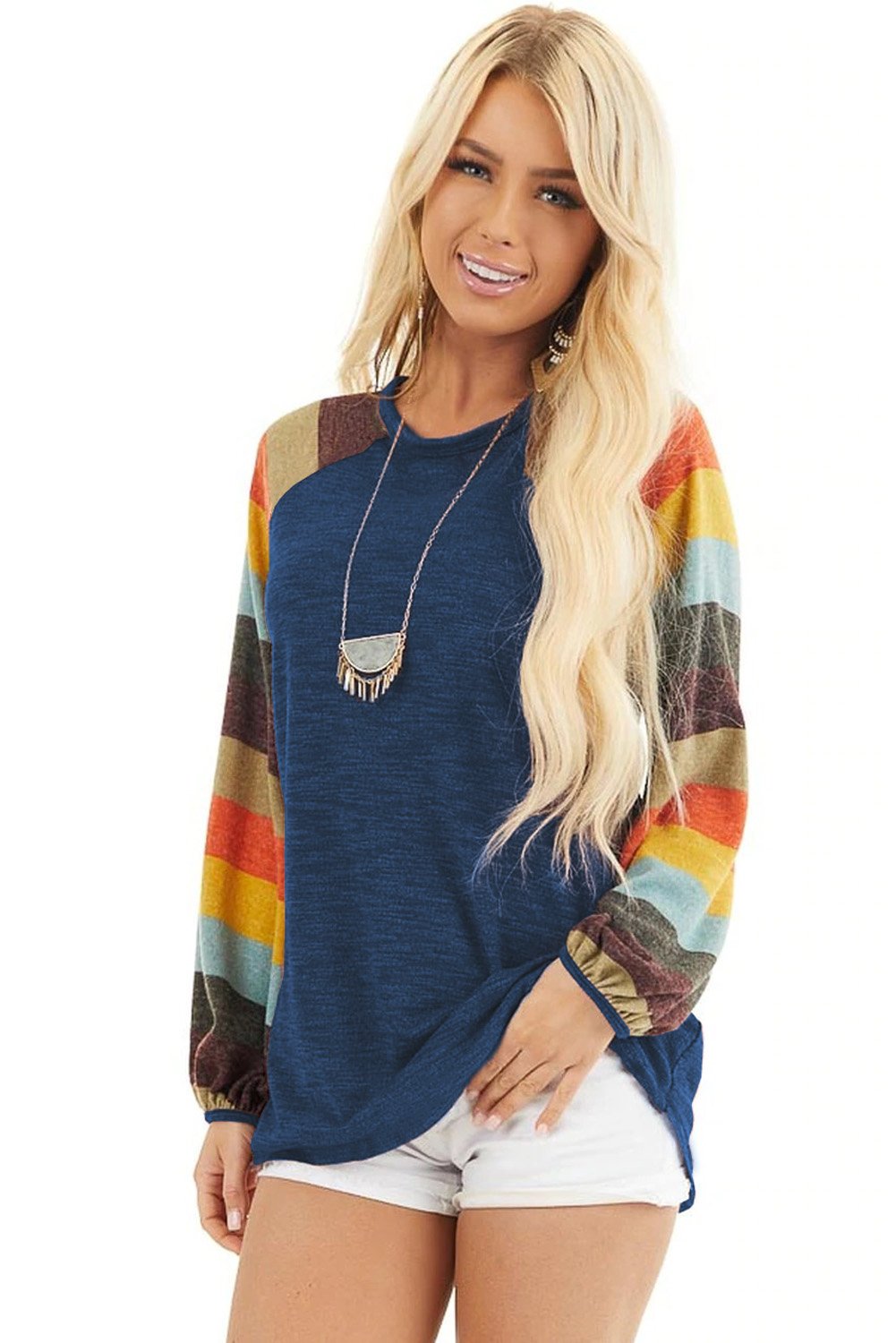 Multicolor striped balloon sleeves green knit top showcasing vibrant colors and trendy design.