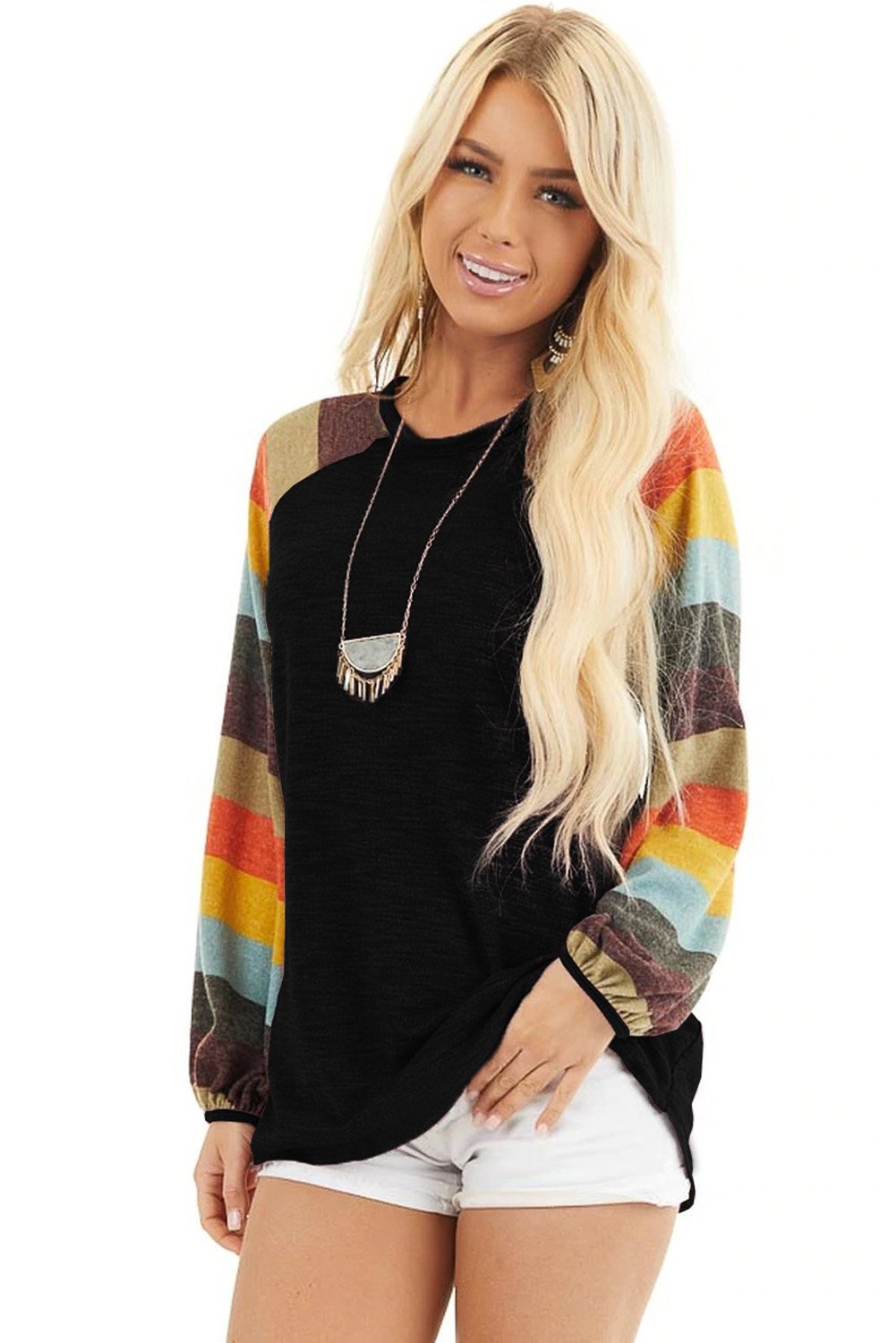 Multicolor striped balloon sleeves green knit top showcasing vibrant colors and trendy design.