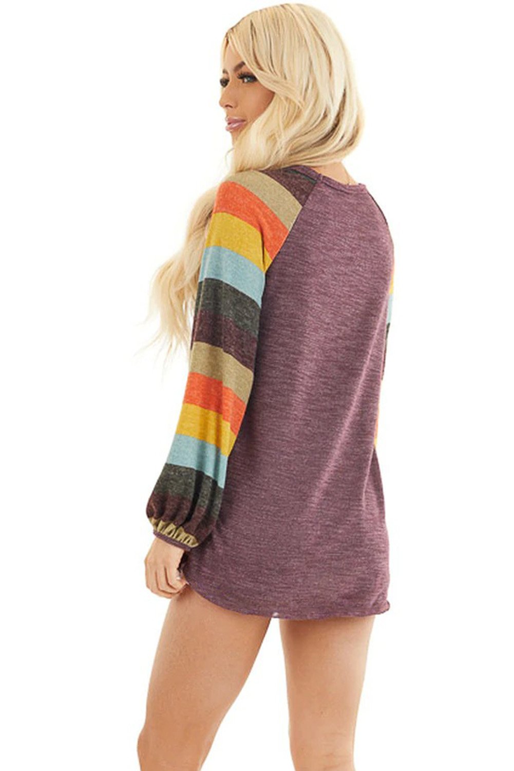 Multicolor striped balloon sleeves green knit top showcasing vibrant colors and trendy design.