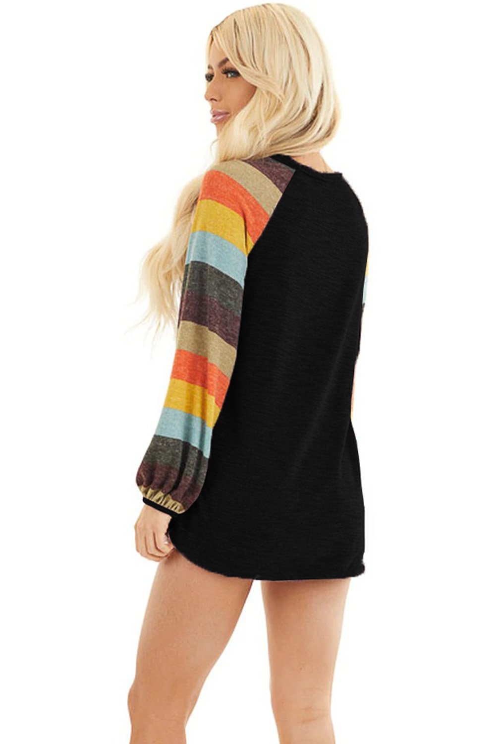 Multicolor striped balloon sleeves green knit top showcasing vibrant colors and trendy design.