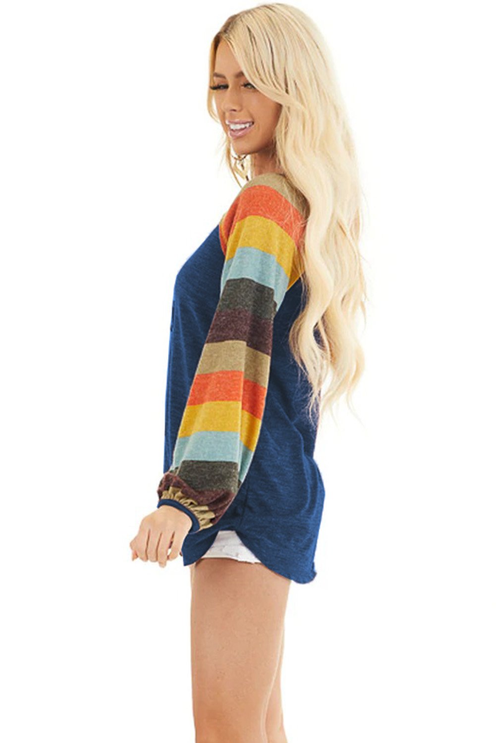 Multicolor striped balloon sleeves green knit top showcasing vibrant colors and trendy design.