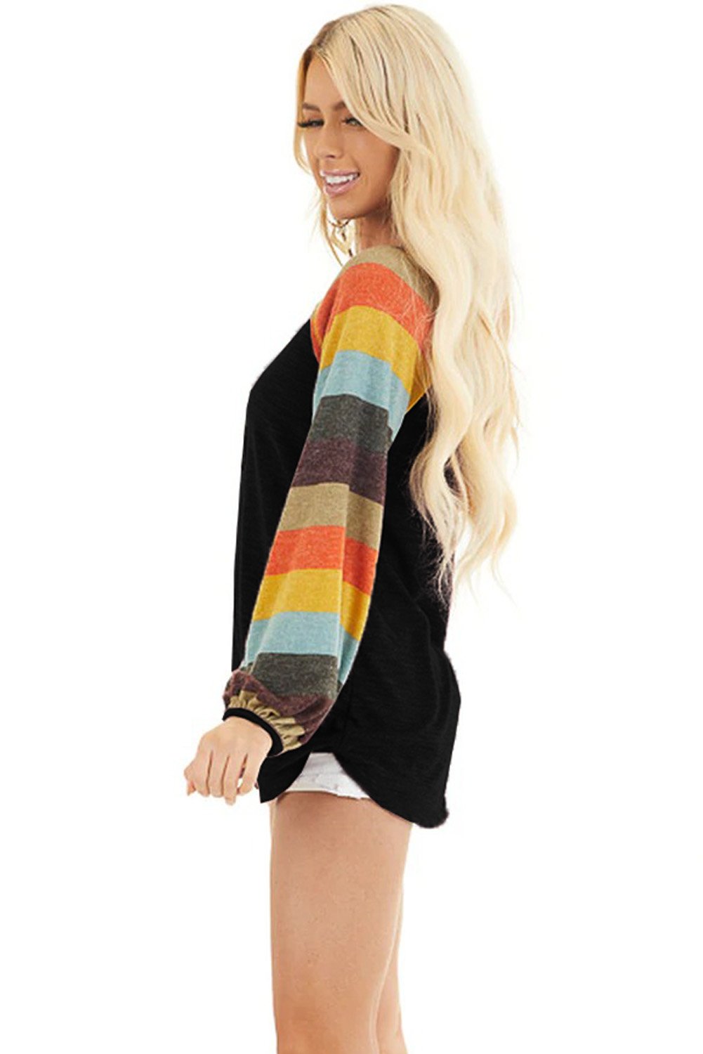 Multicolor striped balloon sleeves green knit top showcasing vibrant colors and trendy design.