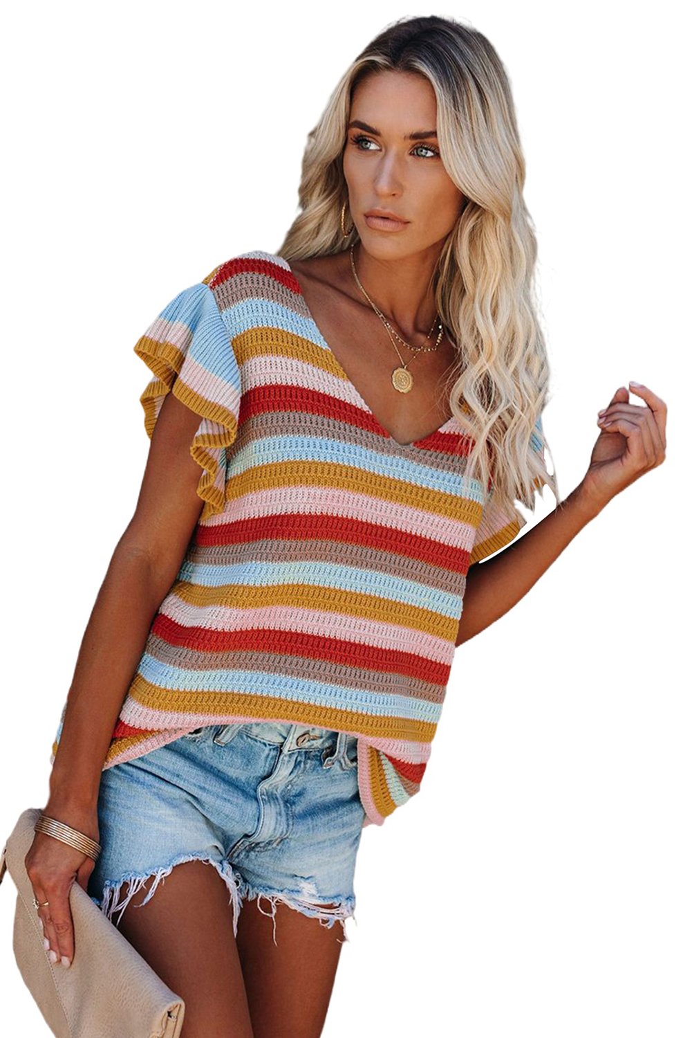 A stylish multi-color striped ruffle short sleeve knit top featuring a deep V-neck and loose hem, perfect for casual and sporty looks.