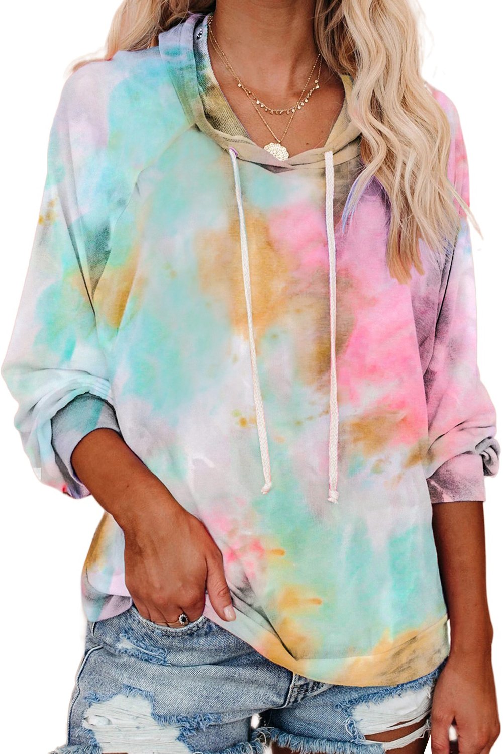 A stylish multicolor tie-dye knit hoodie displayed on a mannequin, showcasing its vibrant colors and relaxed fit.