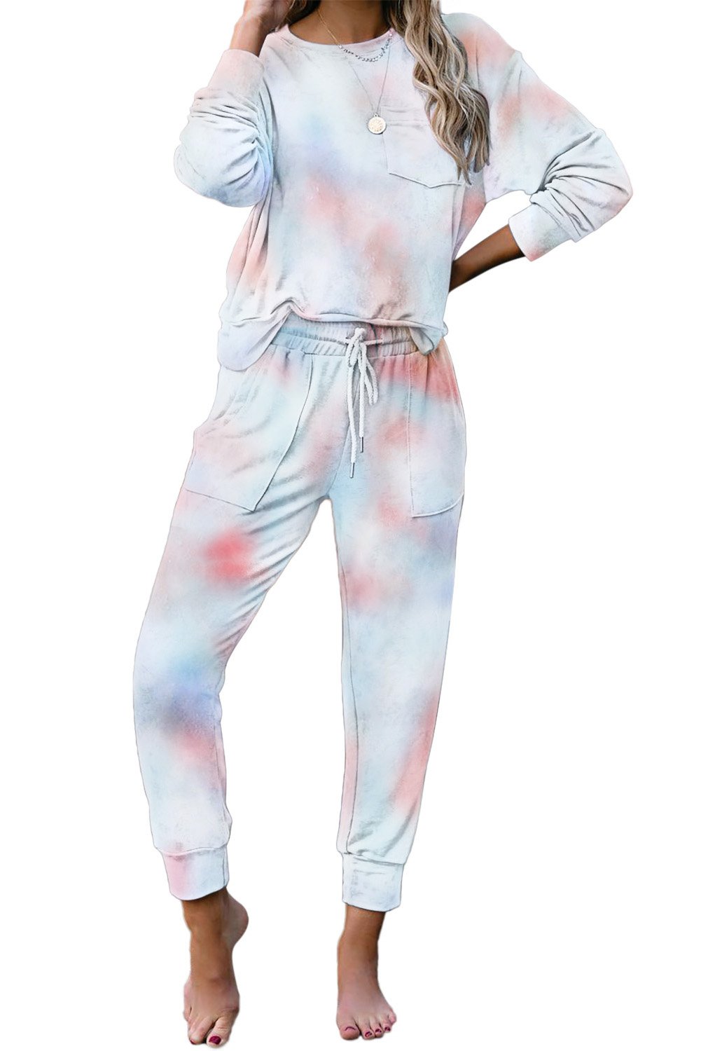 Multicolor Tie-dye Knit Lounge Set featuring a vibrant tie-dye pattern, crew neckline, long sleeves, and a chest pocket, perfect for casual lounging.