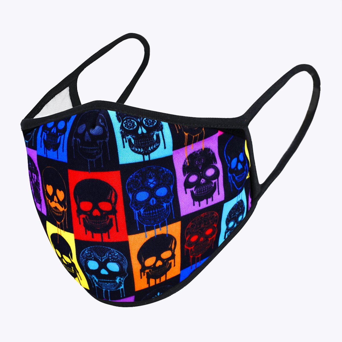 Multi-colors Skulls 3-Layered Face Cover featuring a vibrant skull print design, made from polyester and cotton, suitable for unisex wear.