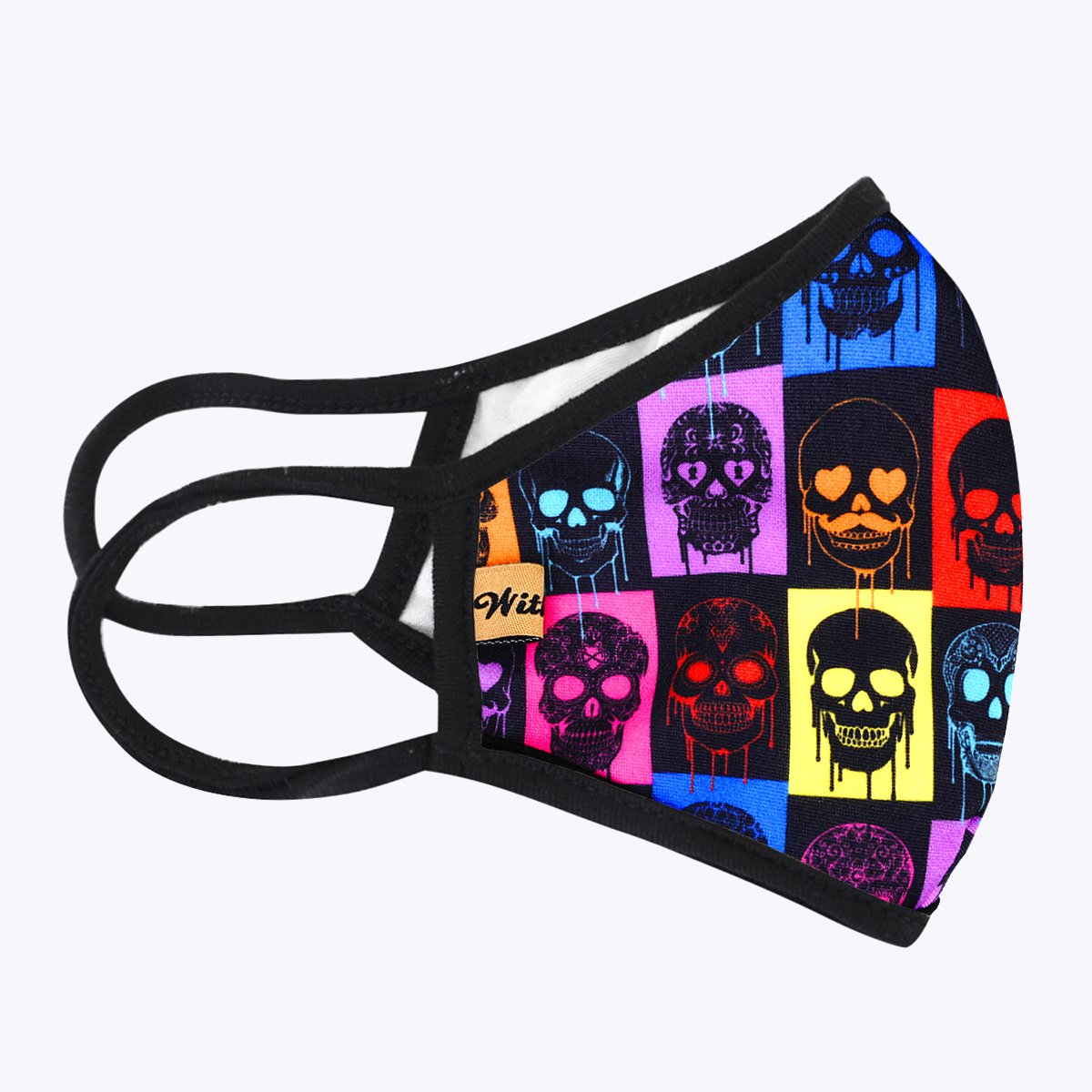 Multi-colors Skulls 3-Layered Face Cover featuring a vibrant skull print design, made from polyester and cotton, suitable for unisex wear.