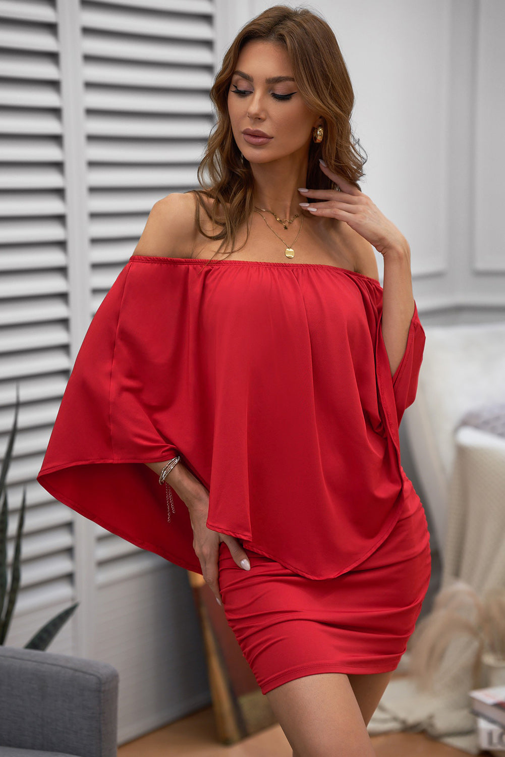 A stylish Multiple Dressing Layered Red Mini Dress featuring a ruffle-layered top and elastic neckline, perfect for clubbing and casual outings.