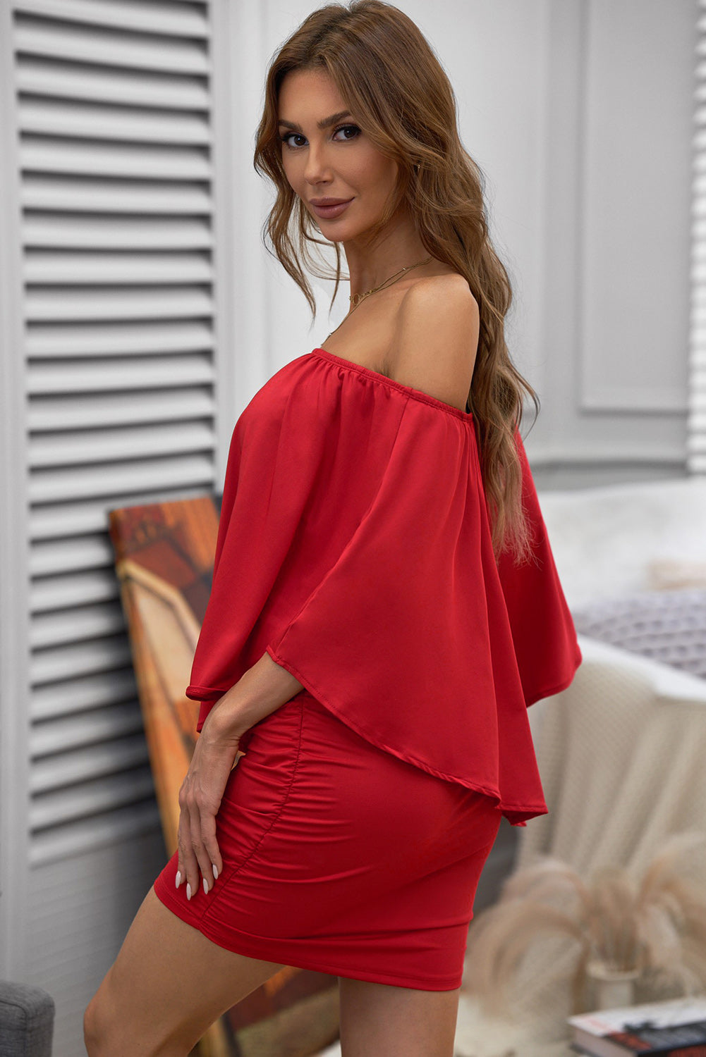 A stylish Multiple Dressing Layered Red Mini Dress featuring a ruffle-layered top and elastic neckline, perfect for clubbing and casual outings.