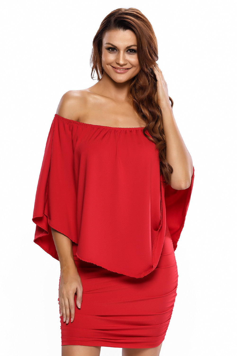 A stylish Multiple Dressing Layered Red Mini Dress featuring a ruffle-layered top and elastic neckline, perfect for clubbing and casual outings.