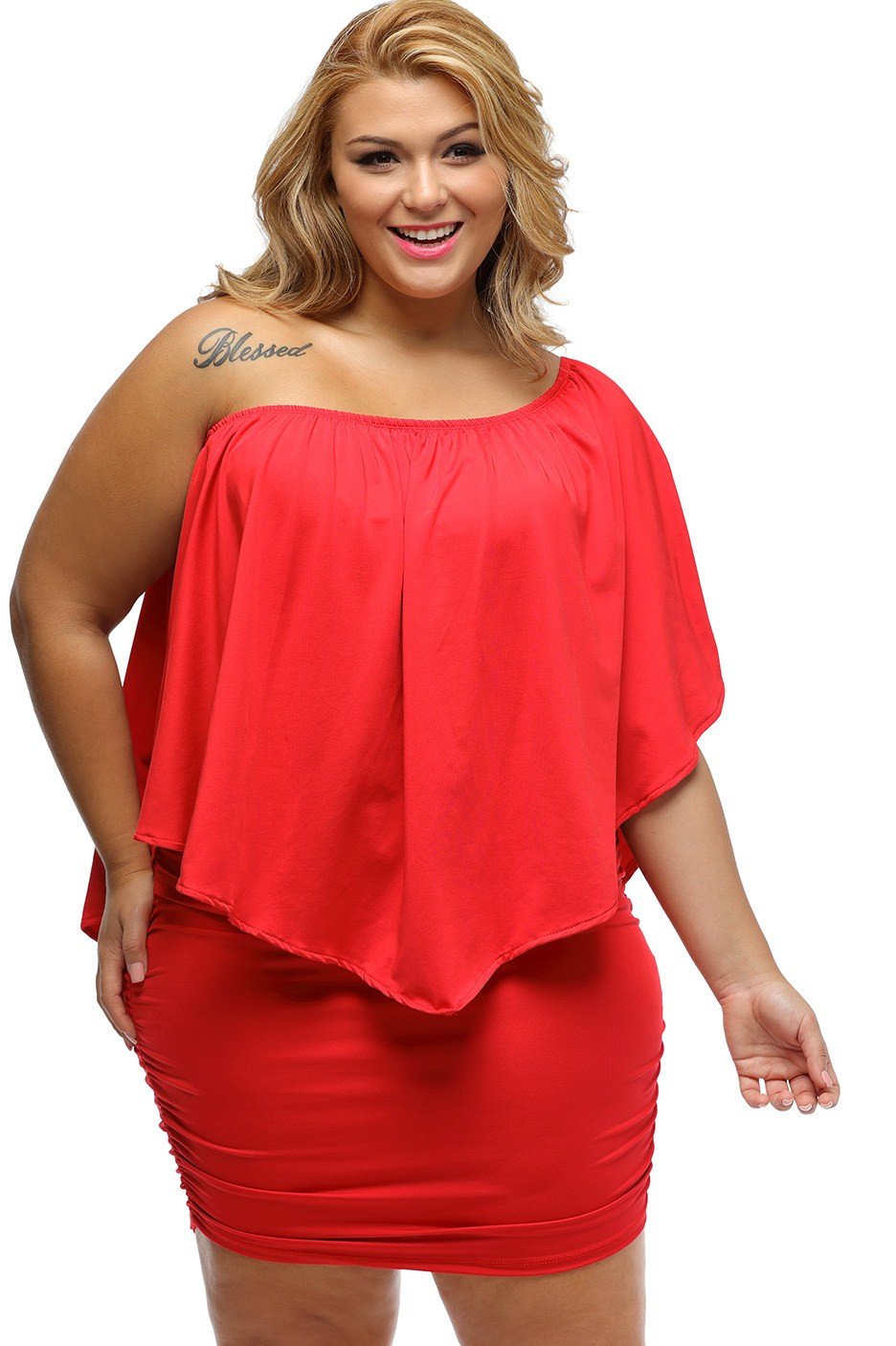 A stylish Multi-way Layered Ruffle Red Mini Plus Size Dress featuring ruffle layers and an elastic neckline, perfect for clubbing and autumn outings.