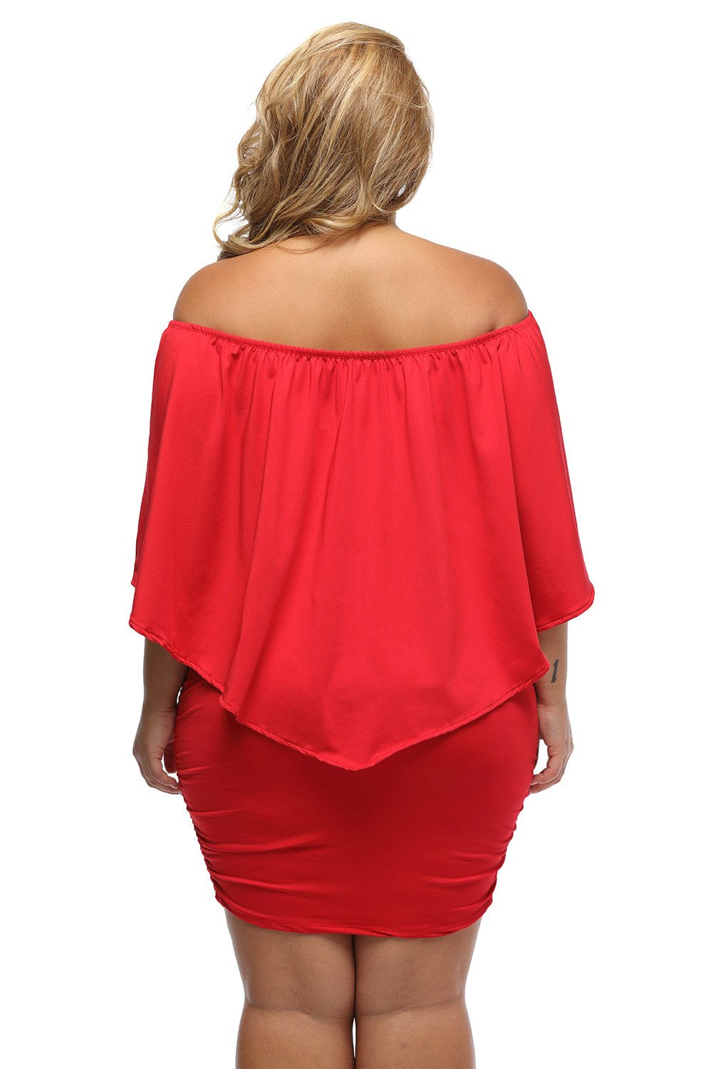 A stylish Multi-way Layered Ruffle Red Mini Plus Size Dress featuring ruffle layers and an elastic neckline, perfect for clubbing and autumn outings.