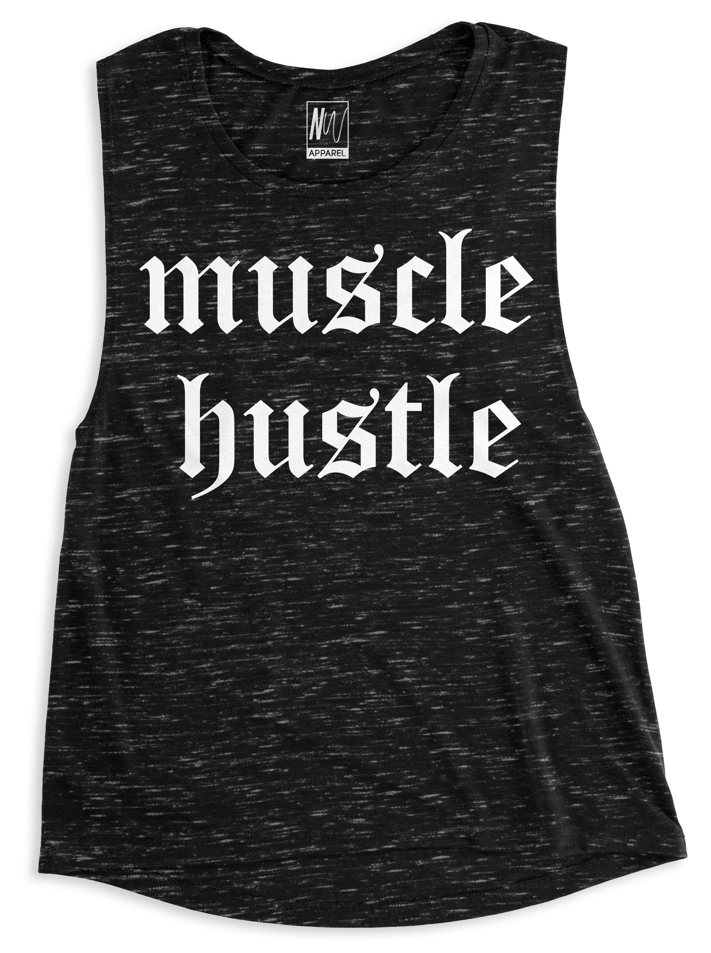 Muscle Hustle Black Marble Muscle Tank Top featuring a stylish black marble design with white print, perfect for workouts.