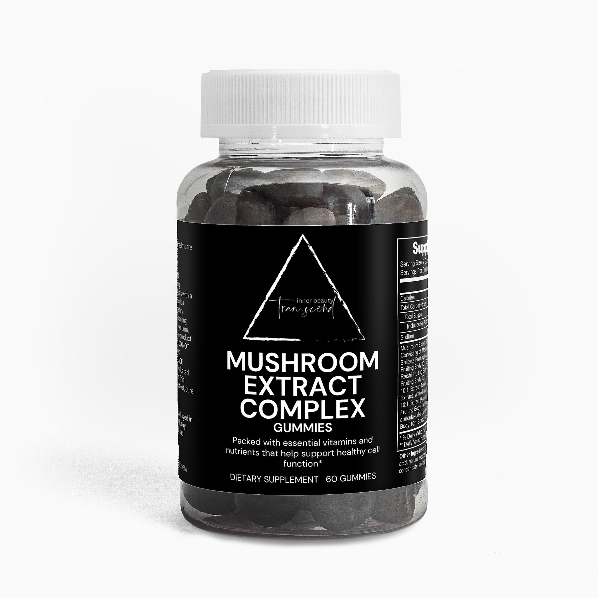 A bottle of Mushroom Extract Complex Gummies featuring a blend of 10 medicinal mushrooms for cognitive support and wellness.