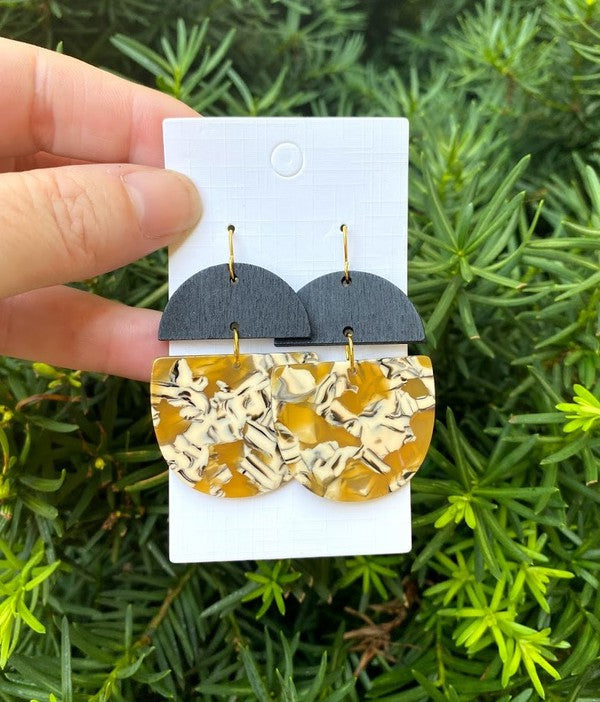 Mustard Acrylic and Wood Deco Drops earrings featuring unique shapes and lightweight design, perfect for stylish outfits.