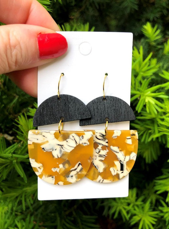 Mustard Acrylic and Wood Deco Drops earrings featuring unique shapes and lightweight design, perfect for stylish outfits.