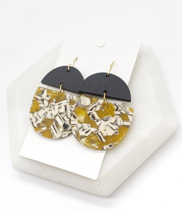 Mustard Acrylic and Wood Deco Drops earrings featuring unique shapes and lightweight design, perfect for stylish outfits.