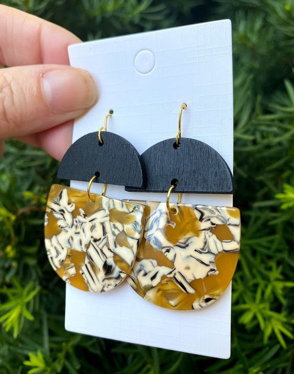 Mustard Acrylic and Wood Deco Drops earrings featuring unique shapes and lightweight design, perfect for stylish outfits.