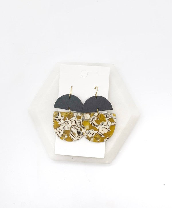 Mustard Acrylic and Wood Deco Drops earrings featuring unique shapes and lightweight design, perfect for stylish outfits.