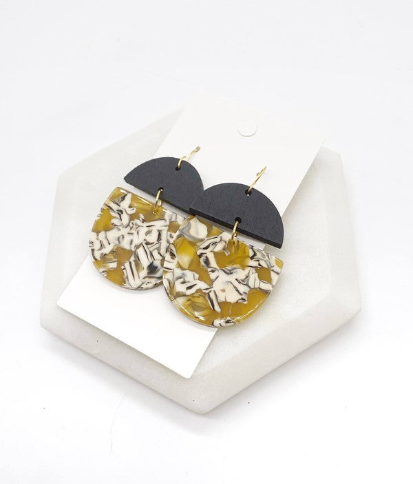 Mustard Acrylic and Wood Deco Drops earrings featuring unique shapes and lightweight design, perfect for stylish outfits.