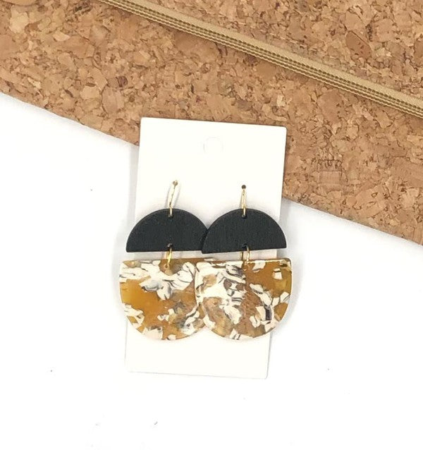 Mustard Acrylic and Wood Deco Drops earrings featuring unique shapes and lightweight design, perfect for stylish outfits.